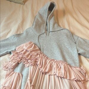 Gray and Pink Ruffled Womens  Hoodie dress /long sweatshirt